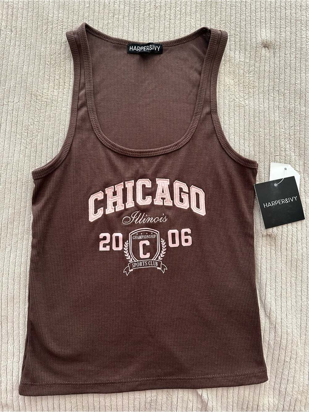 Harper brown tank with pink Chicago crest